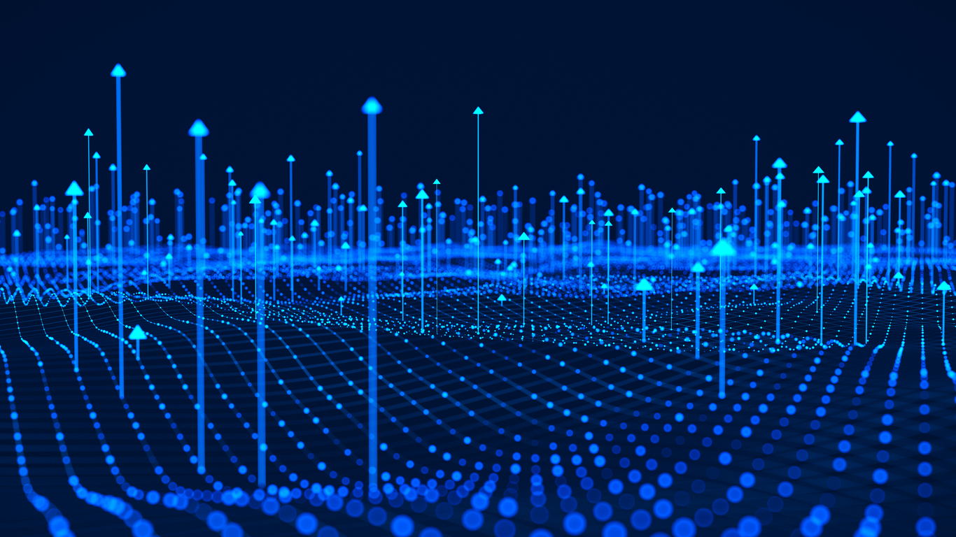 Digital Data Visualization with Rising Arrows and Network Grid